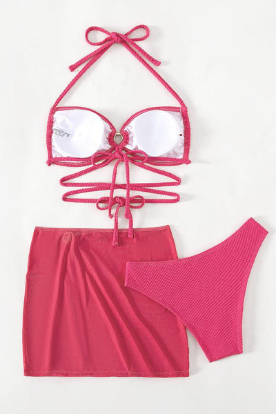 Hot Pink Pearl Heart Ring Bandeau Halter Cover-Up 3Pc Swimsuit Set - AMIClubwear