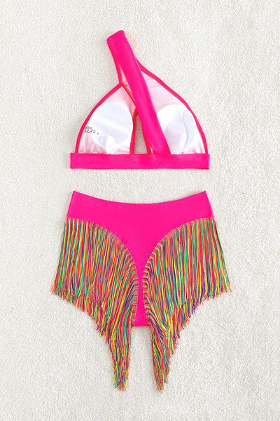 Hot Pink Rainbow Fringe One Shoulder High Waist Thong 2Pc Swimsuit Set - AMIClubwear