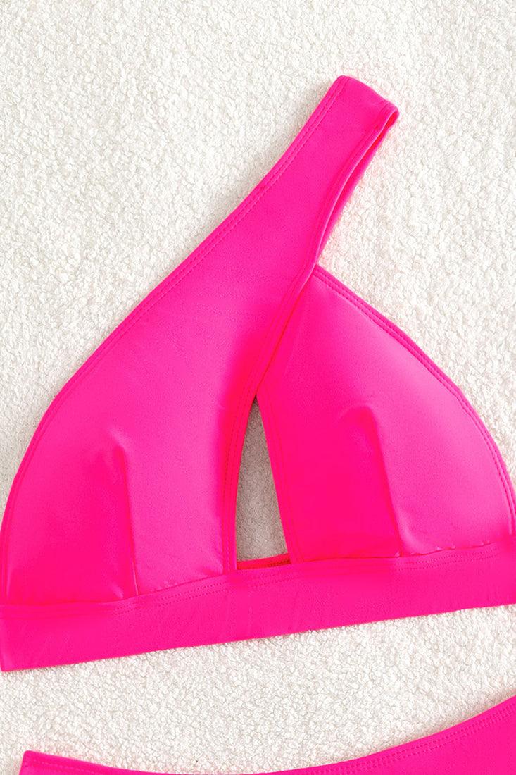 Hot Pink Rainbow Fringe One Shoulder High Waist Thong 2Pc Swimsuit Set - AMIClubwear