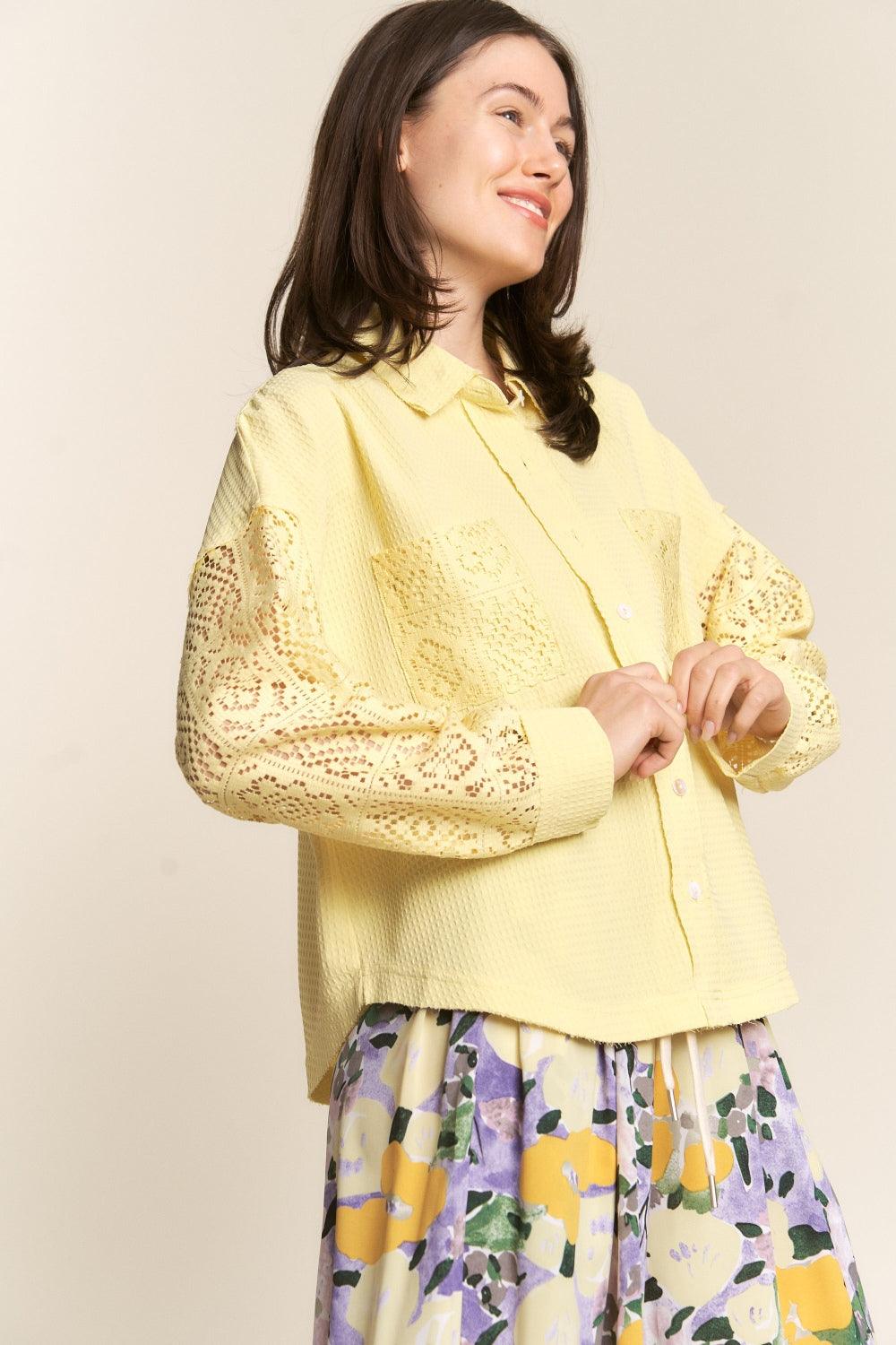 J.NNA Button Down Lace Long Sleeve Waffle Shirt - AMIClubwear