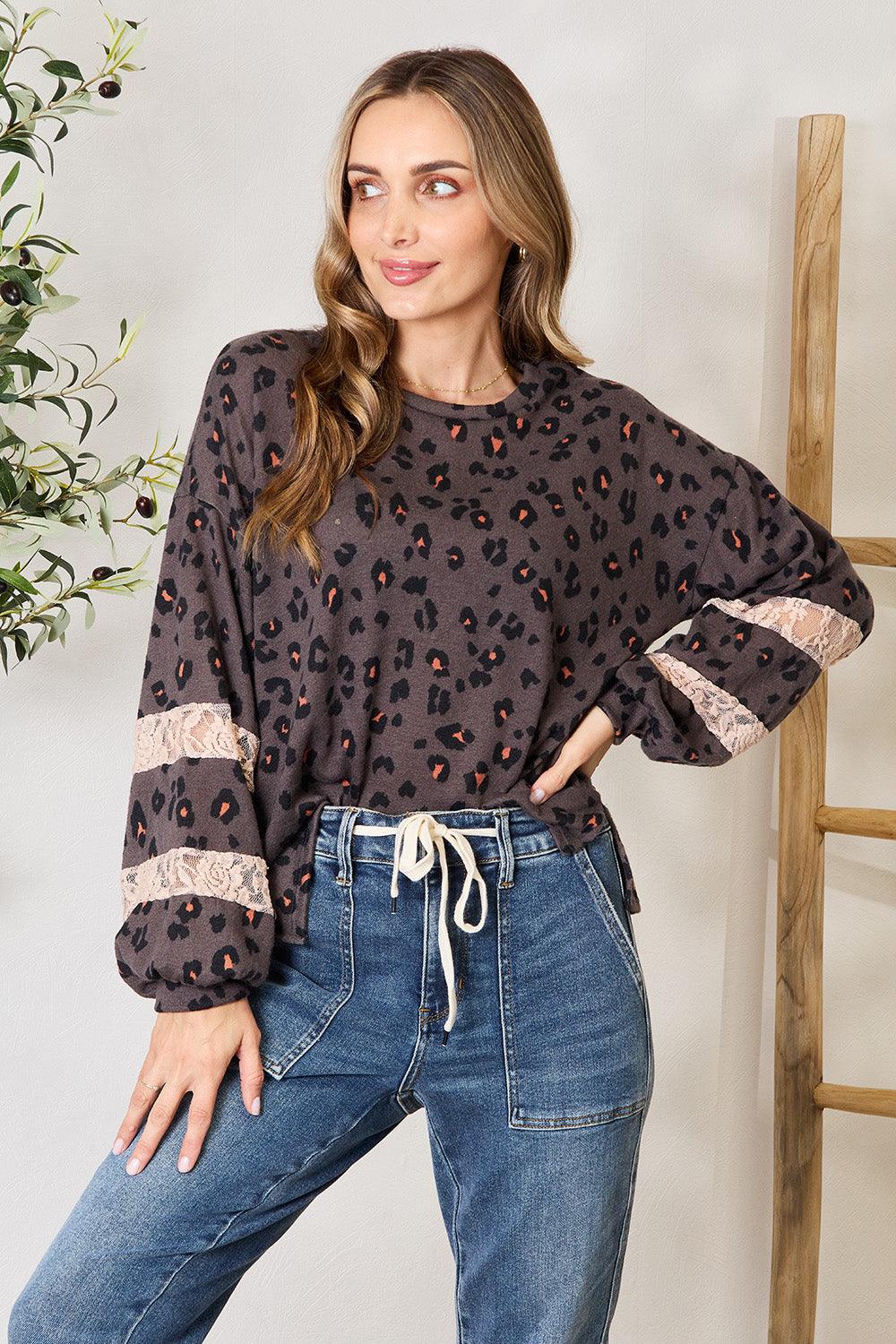 Jade By Jane Full Size Leopard Lace Detail Blouse - AMIClubwear