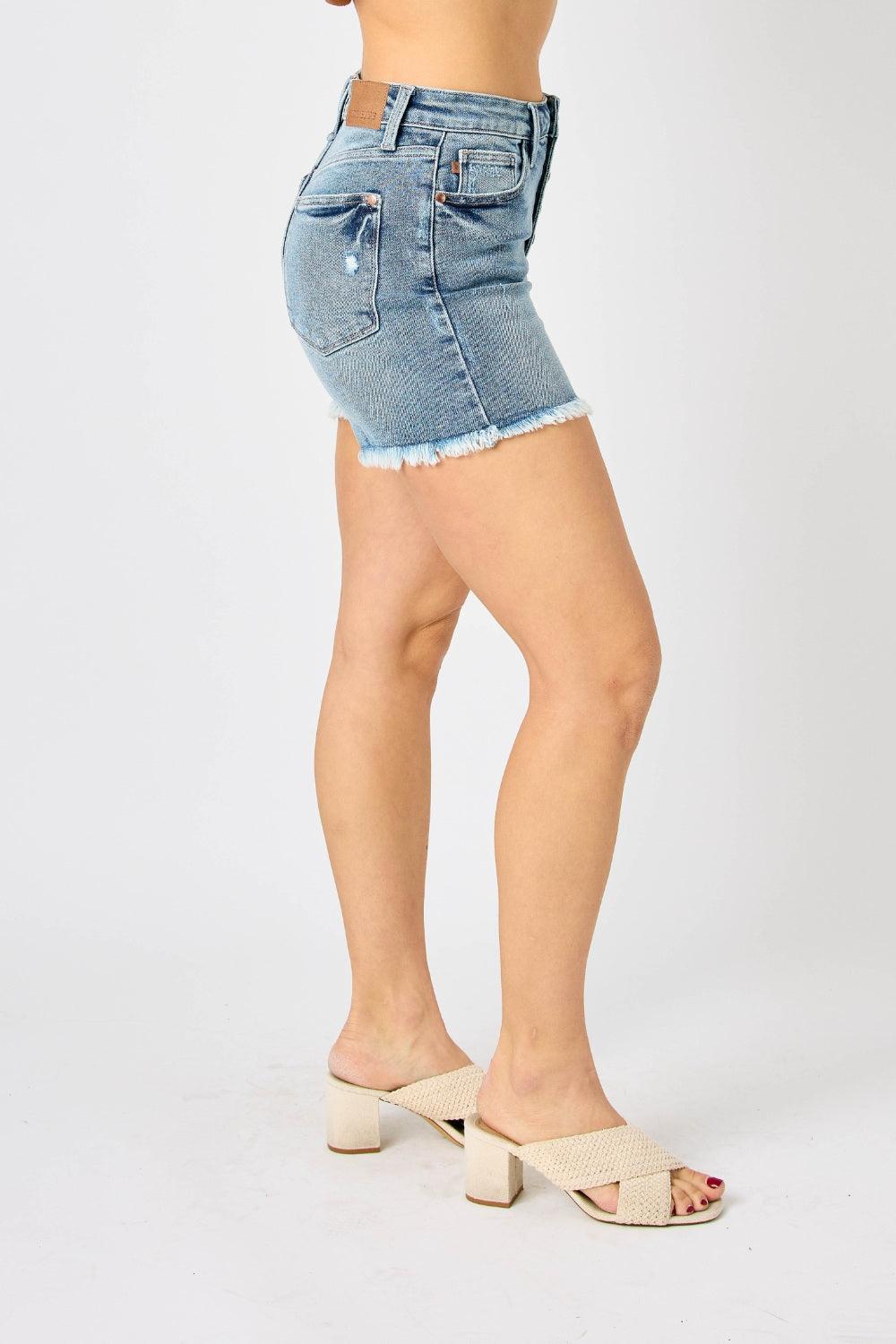 Judy Blue Full Size Button Fly Raw Hem Denim Shorts - AMIClubwear