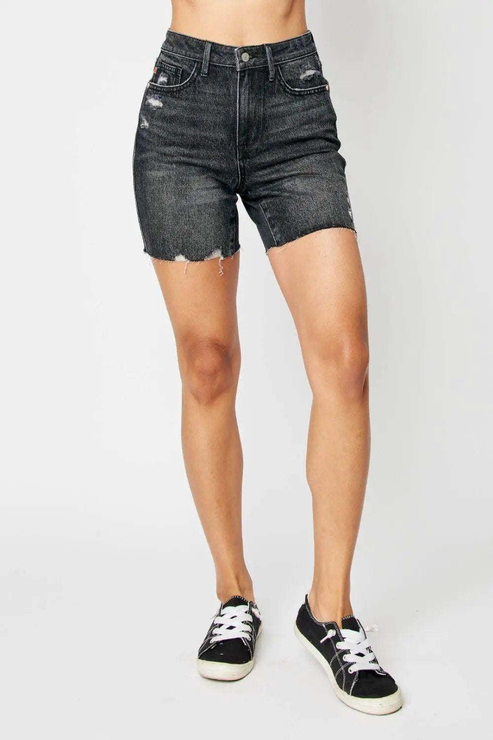 Judy Blue Full Size Hw Tummy Control Shearling Cuff Denim Shorts Plus Size