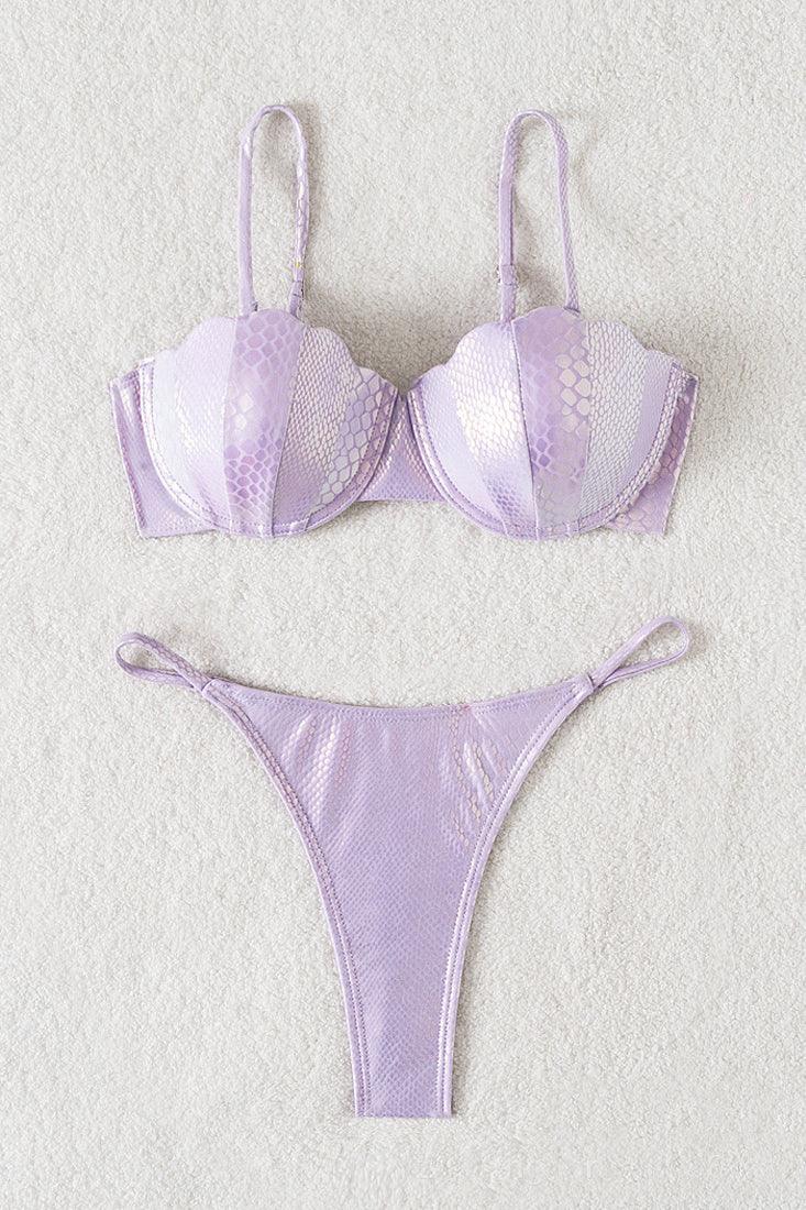 Lavender Holographic Snake Wired Shell Bra Thong Sexy 2Pc Swimsuit Bikini - AMIClubwear