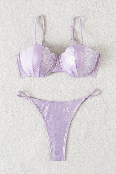 Lavender Holographic Snake Wired Shell Bra Thong Sexy 2Pc Swimsuit Bikini - AMIClubwear