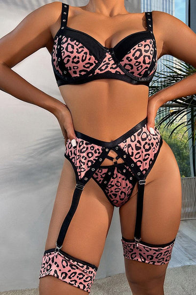 Leopard Print Black Strappy Bra Thong Garter Belt 5Pc Lingerie Set - AMIClubwear