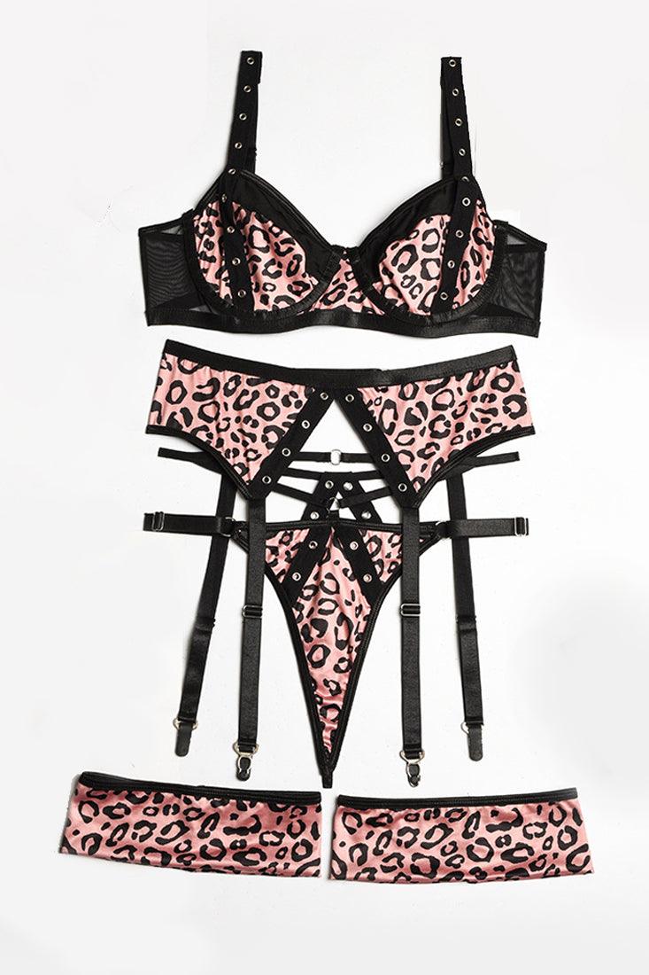 Leopard Print Black Strappy Bra Thong Garter Belt 5Pc Lingerie Set - AMIClubwear