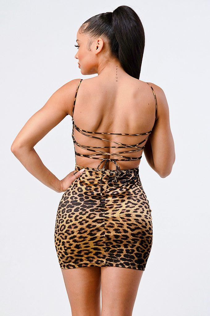 Leopard Print Knit Satin Mini Dress - AMIClubwear