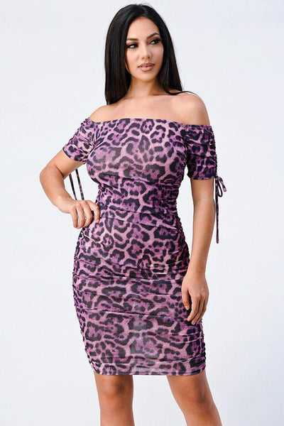 Leopard Print Off Shoulder Shirring Bodycon Dress - AMIClubwear