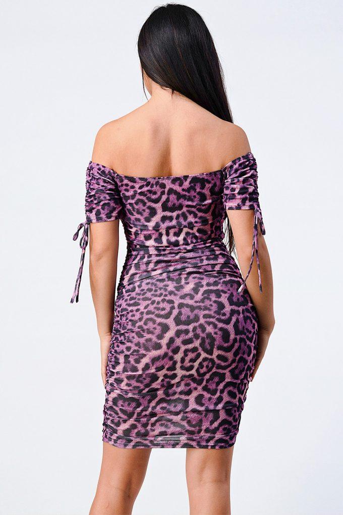 Leopard Print Off Shoulder Shirring Bodycon Dress - AMIClubwear