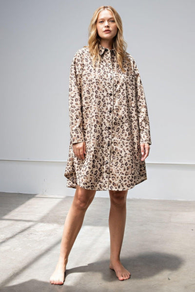 Leopard/animal Printed Shirt Dress - AMIClubwear
