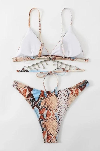 Light Brown Snake Print Rhinestone Cheeky 2Pc Swimsuit Bikini - AMIClubwear