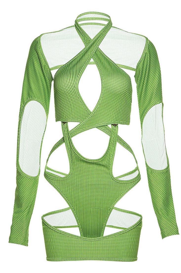 Lime Green Cutout Cross Strap Sexy Dress - AMIClubwear