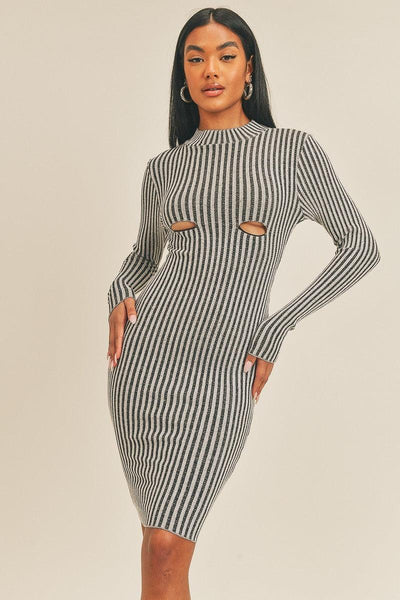 Long Sleeve Stripe Print Midi Dress - AMIClubwear