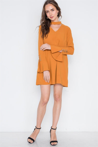Long Sleeve V-cut Out Solid Mini Dress - AMIClubwear