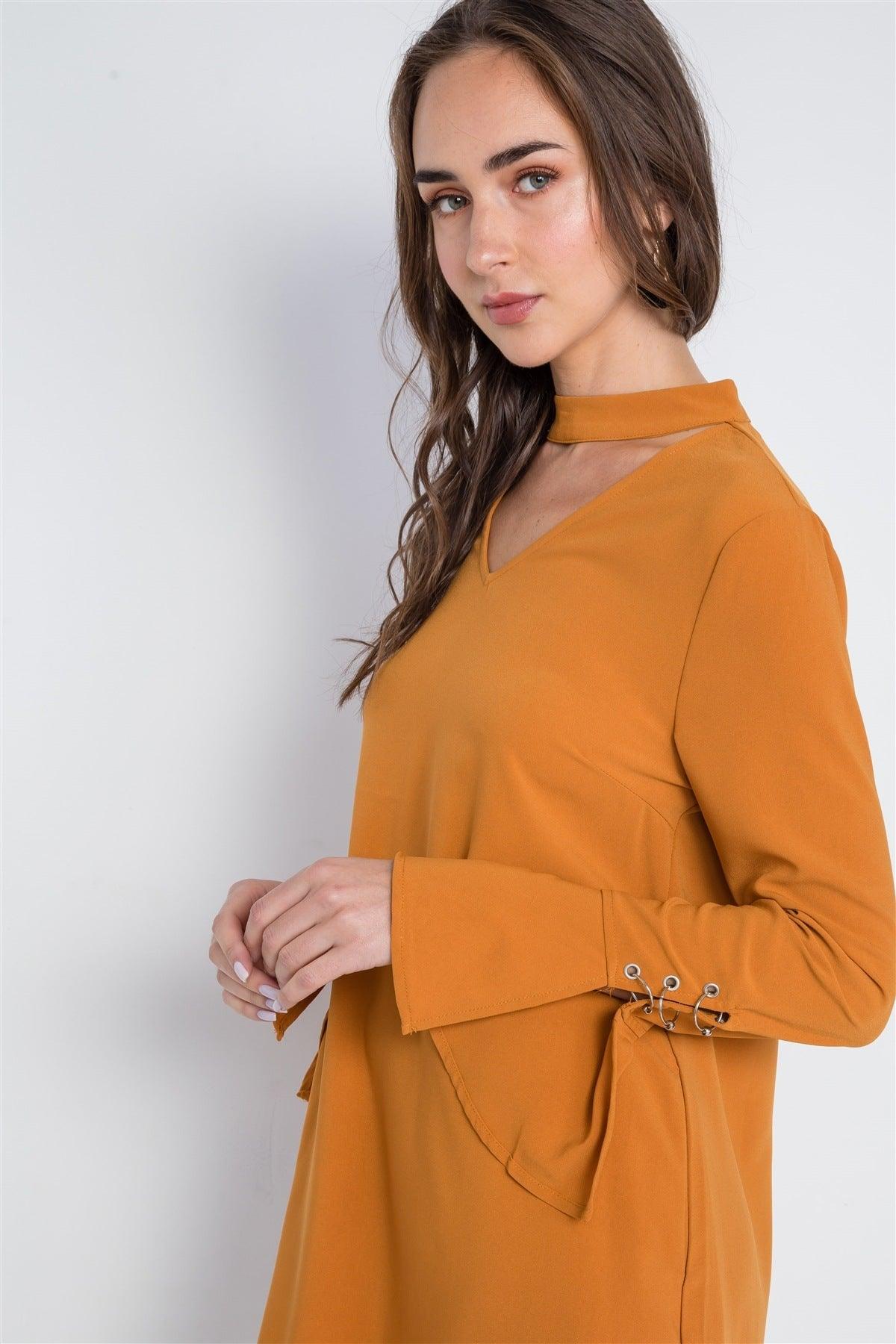 Long Sleeve V-cut Out Solid Mini Dress - AMIClubwear