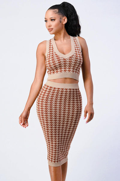 Luxe Gingham Rib Knit Top And Skirt Sets - AMIClubwear