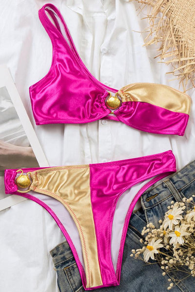 Metallic Pink Gold Sea Shell One Shoulder Cheeky 2 Pc Swimsuit Set Bikini - AMIClubwear