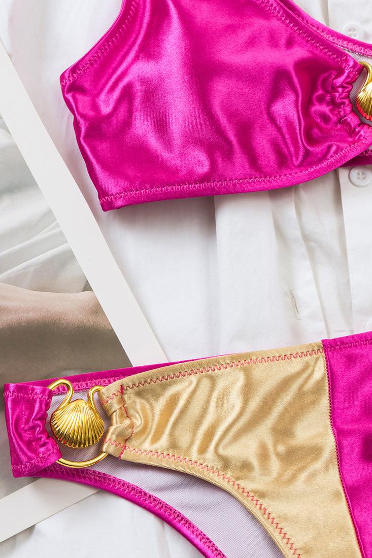 Metallic Pink Gold Sea Shell One Shoulder Cheeky 2 Pc Swimsuit Set Bikini - AMIClubwear