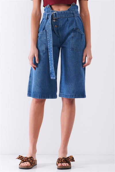 Mid Blue Denim Front Cut-out High-waist Buckle Self-tie Belt Detail Midi Flare Jean Pants - AMIClubwear