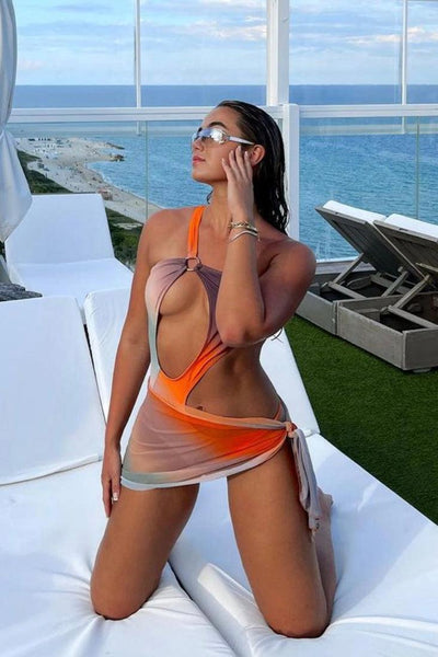 Multi Ombre O-Ring Asymmetrical One Shoulder Monokini With Cover Up - AMIClubwear