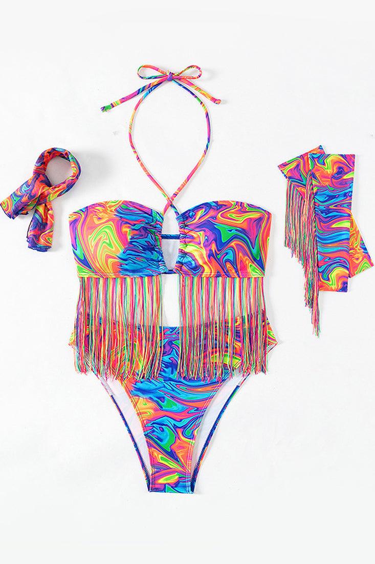 Multi Printed Fringe Halter High Waist Gloves Scarf 5Pc Swimsuit Set - AMIClubwear