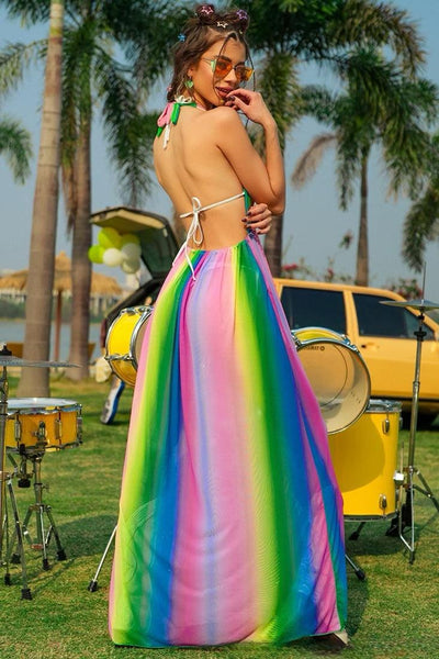 Multi Rainbow Mesh Sheer Halter Sexy Maxi Cover-Up Dress - AMIClubwear