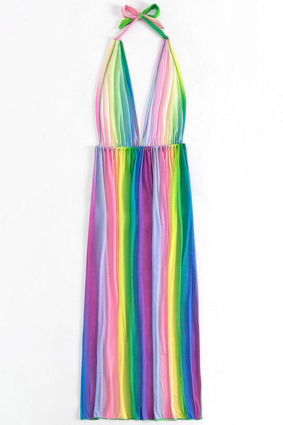 Multi Rainbow Mesh Sheer Halter Sexy Maxi Cover-Up Dress - AMIClubwear