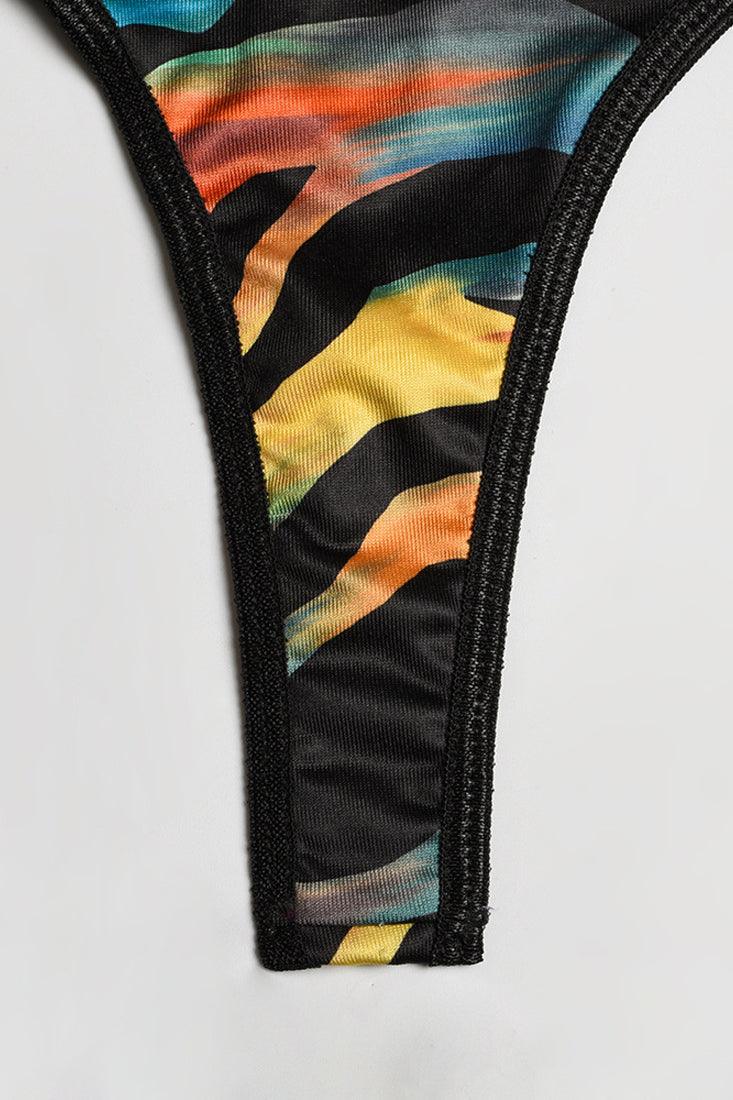 Multi Rainbow Zebra Wired Bra Thong Garter Belt 3Pc Lingerie Set - AMIClubwear
