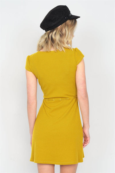 Mustard Ribbed V-neck Cap Sleeve Mini Solid Casual Dress - AMIClubwear