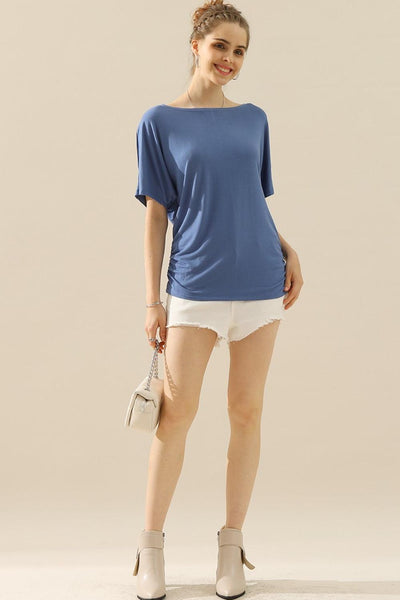 Ninexis Boat Neck Short Sleeve Ruched Side Top - AMIClubwear