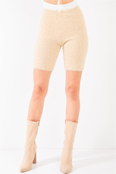 Oatmeal Beige Knit High Waist Stretchy Warm Fuzzy Biker Shorts - AMIClubwear