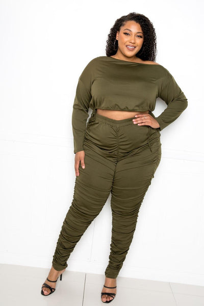 Off Shoulder Cropped Top And Ruched Leggings Sets - AMIClubwear