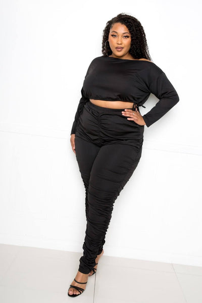 Off Shoulder Cropped Top And Ruched Leggings Sets - AMIClubwear