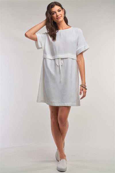Off-white Short Sleeve Relaxed Fit Draw String Tie Waist Detail Mini Dress - AMIClubwear