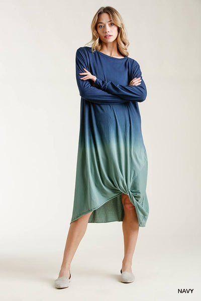 Ombre Front Knot Detail Long Sleeve Maxi Dress With Raw Hem - AMIClubwear