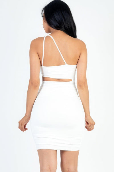 One Shoulder Cut-out Front Ruched Bodycon Mini Dress - AMIClubwear