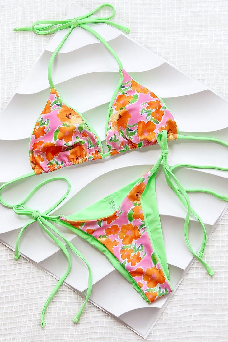 Orange Floral Lime Reversible Triangle Cheeky 2Pc Swimsuit Set - AMIClubwear