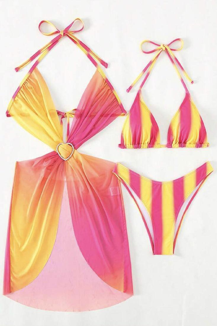 Orange Pink Tie Dye Rhinestone Heart Cover-Up Cheeky 3Pc Swimsuit Set - AMIClubwear