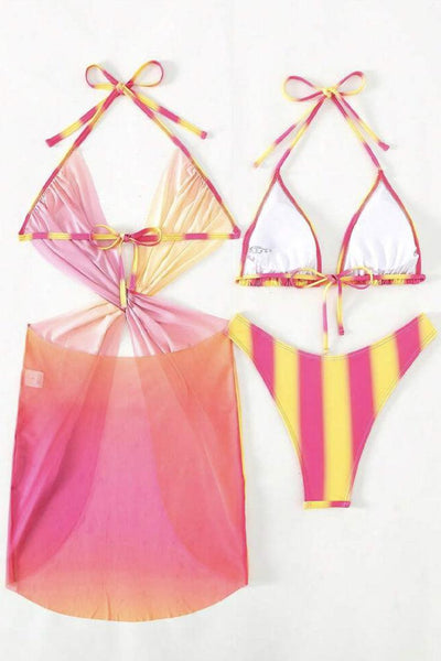 Orange Pink Tie Dye Rhinestone Heart Cover-Up Cheeky 3Pc Swimsuit Set - AMIClubwear