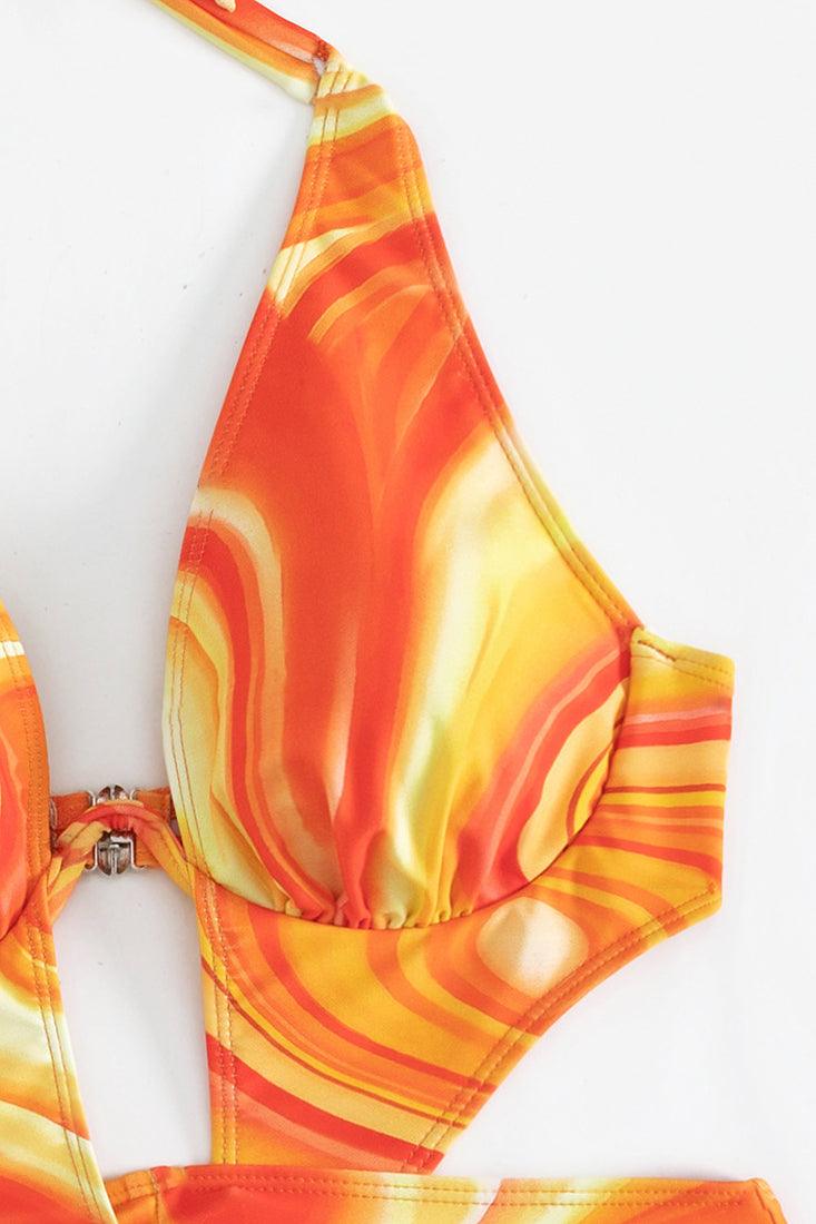 Orange Print Wired Halter Twist Monokini Scarf Cover-Up 2Pc Swimsuit Set - AMIClubwear