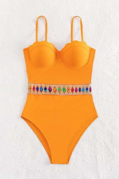 Orange Push-Up Cup Multi Rhinestone Belt Sexy 1Pc Swimsuit Monokini - AMIClubwear