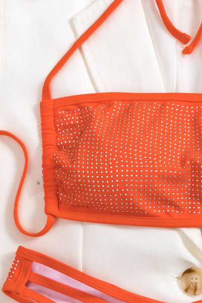 Orange Rhinestone Covered Strappy Cut Out 2 Pc Swimsuit Set Bikini - AMIClubwear
