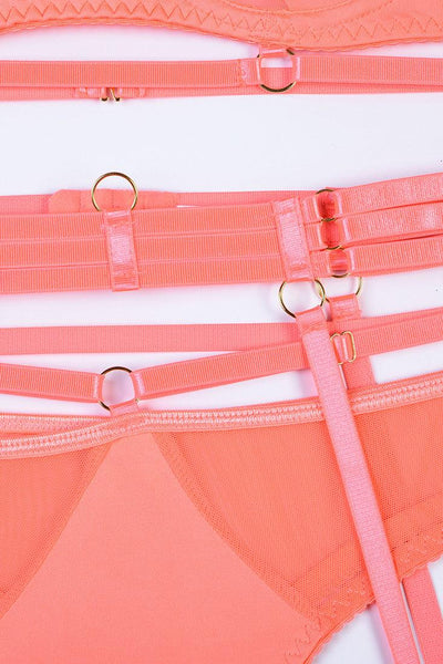 Orange Strappy Mesh Cut-Out Garter Belt Thong Bra 5Pc Sexy Lingerie Set - AMIClubwear