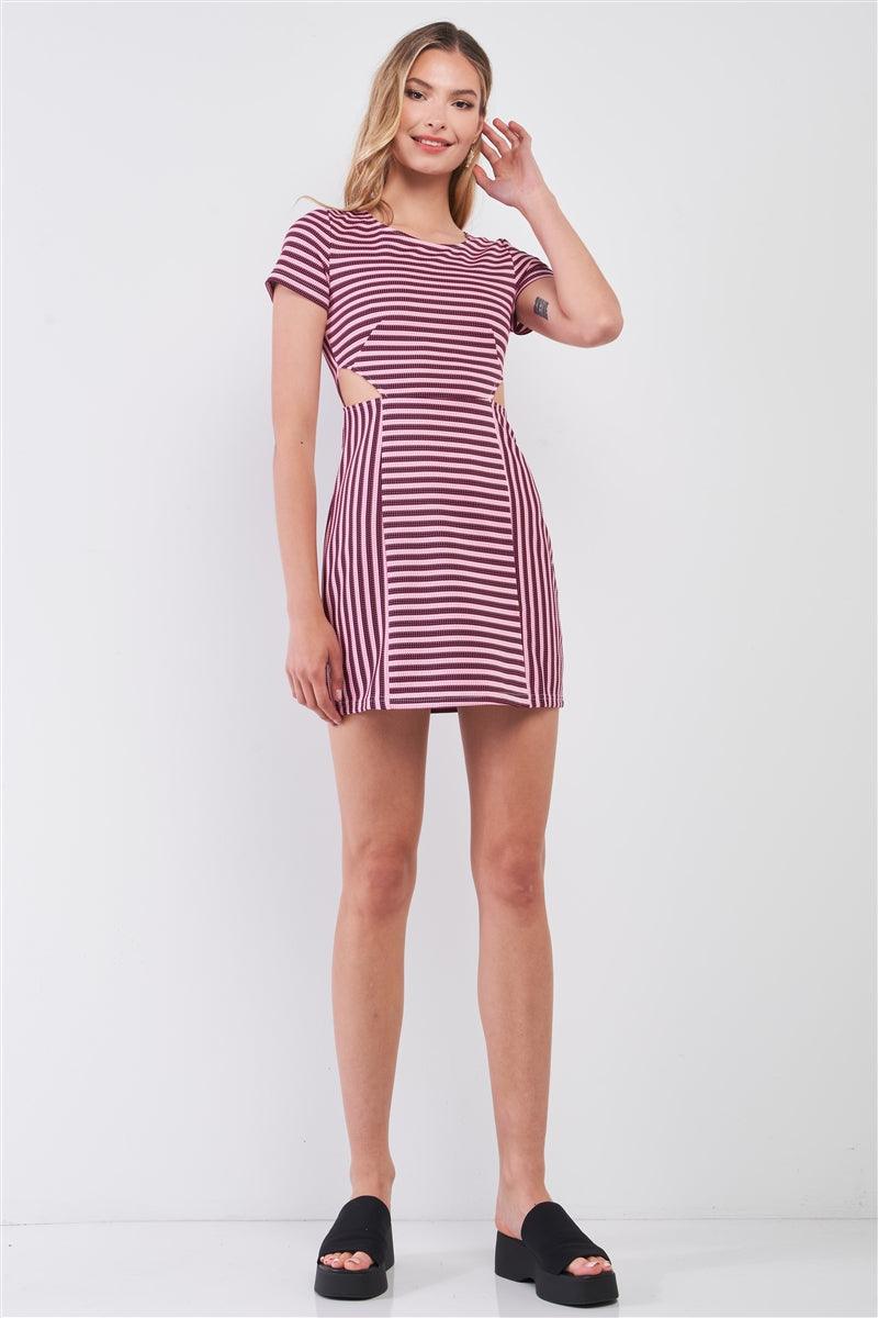 Pink & Black Striped Short Sleeve Cut-out Detail Tight Fit Mini Dress - AMIClubwear