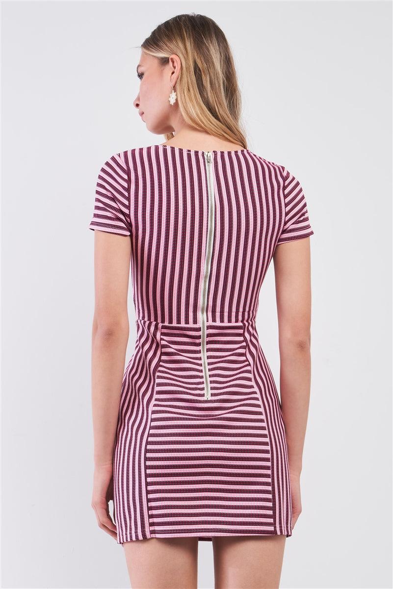 Pink & Black Striped Short Sleeve Cut-out Detail Tight Fit Mini Dress - AMIClubwear