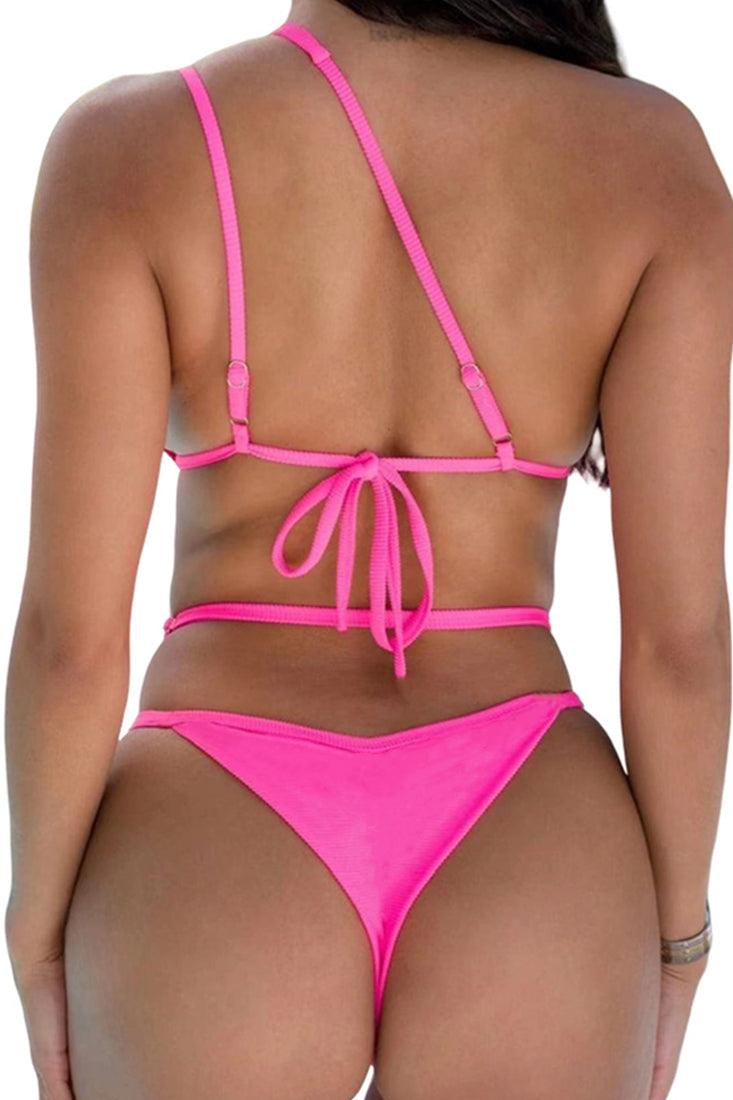 Pink Designer Rhinestone Buckle One Shoulder Cut-Out Cheeky 2Pc Swimsuit Bikini - AMIClubwear