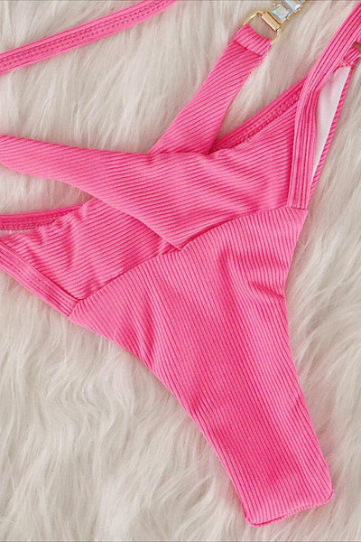 Pink Designer Rhinestone Buckle One Shoulder Cut-Out Cheeky 2Pc Swimsuit Bikini - AMIClubwear