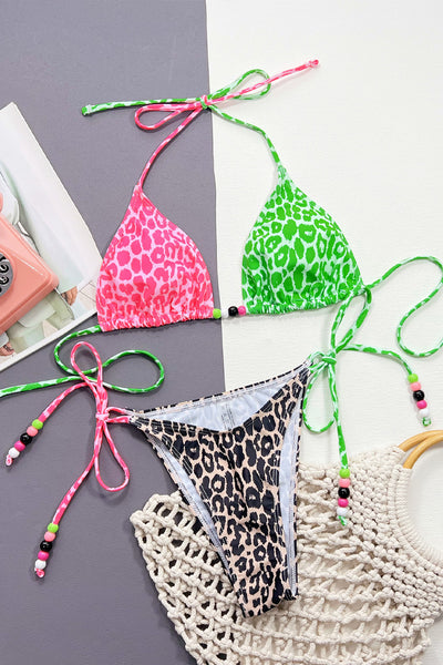 Pink Green Beige Leopard Print Beads Cheeky 2pc Swimsuit Bikini - AMIClubwear