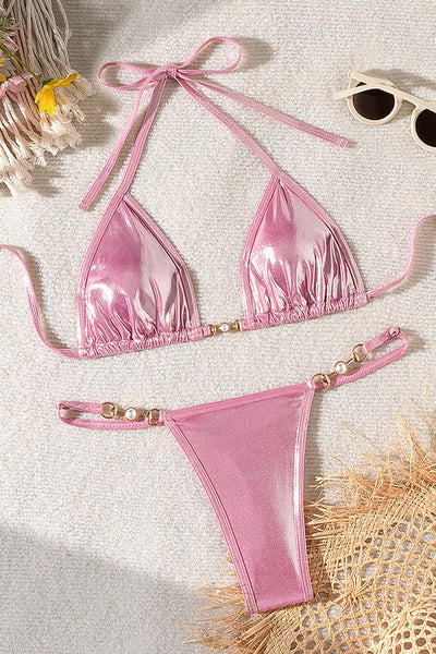 Pink Holographic Metallic Designer Pearl Buckle Thong Sexy 2Pc Swimsuit Bikini - AMIClubwear
